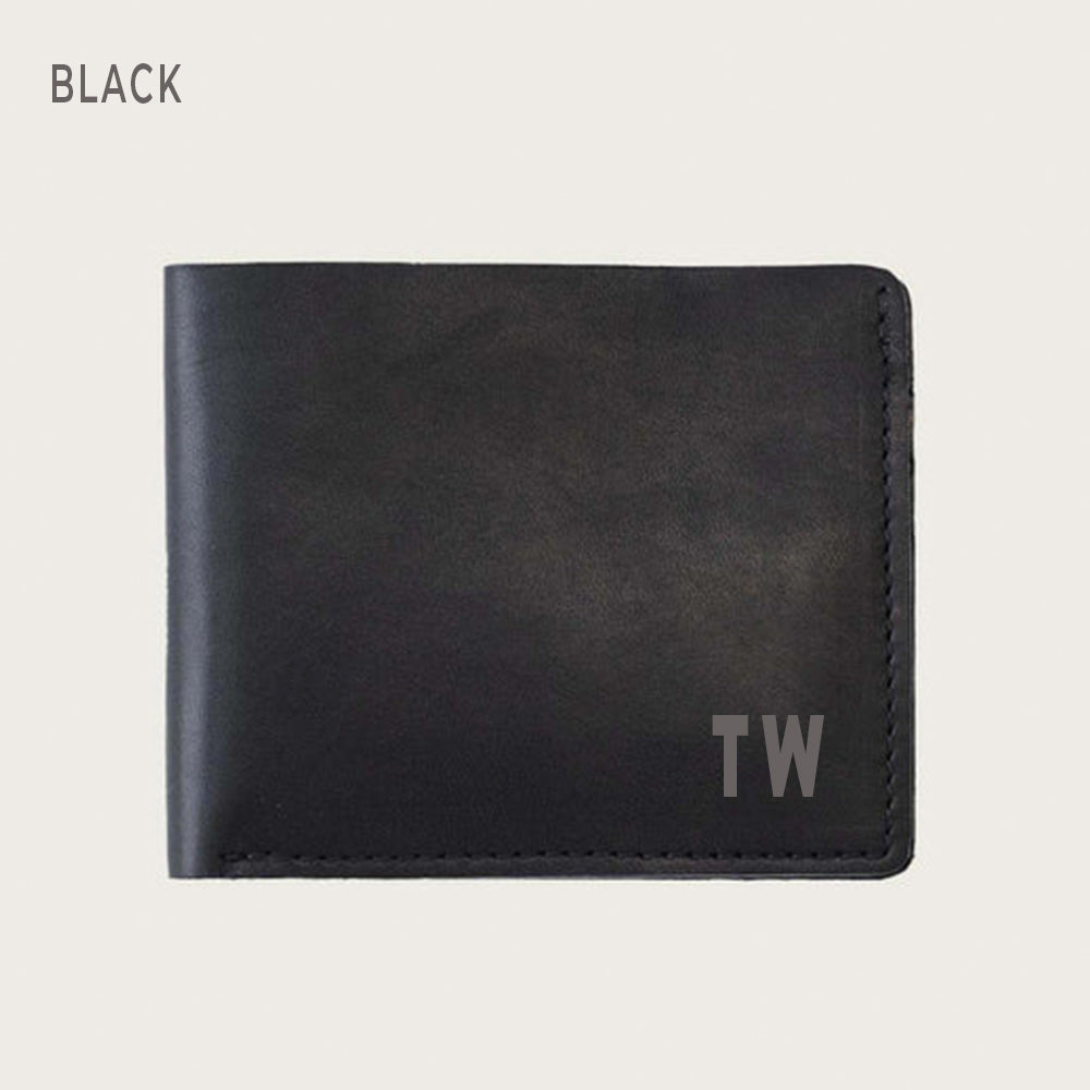 Full-grain leather wallet open view showing Monogram