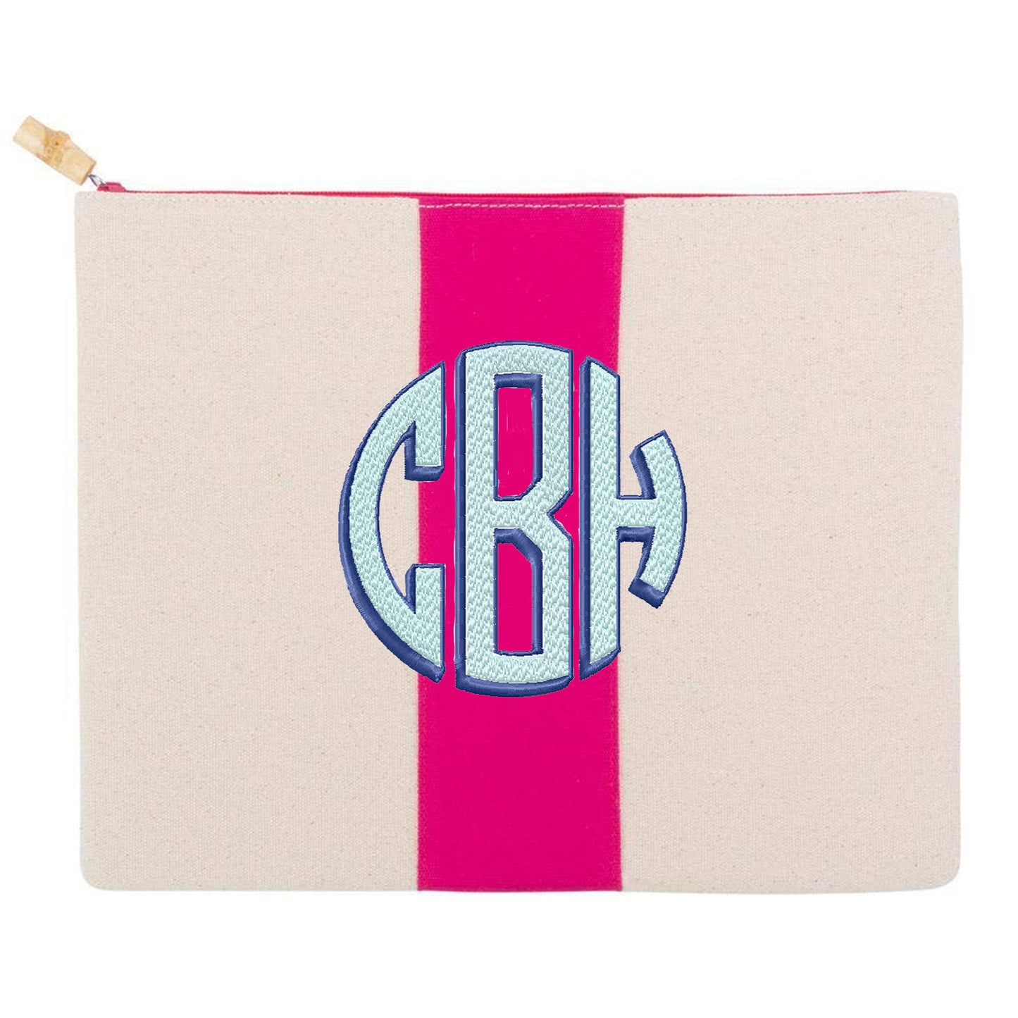 Pink Finley canvas pouch with center stripe and bamboo zipper pull