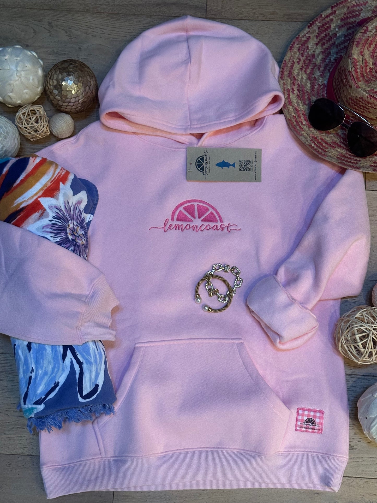 🌸 The Shoreline Blossom Hoodie – Lemon Coast™ Embroidered Surf Hoodie (Pink)