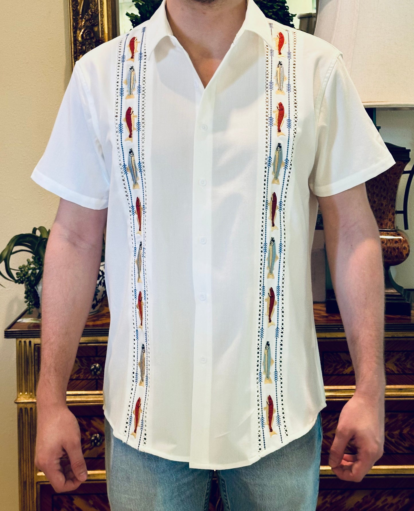 Gulf Coast Bay Guayabera – Redfish & Trout Edition| Classic White, Short Sleeve