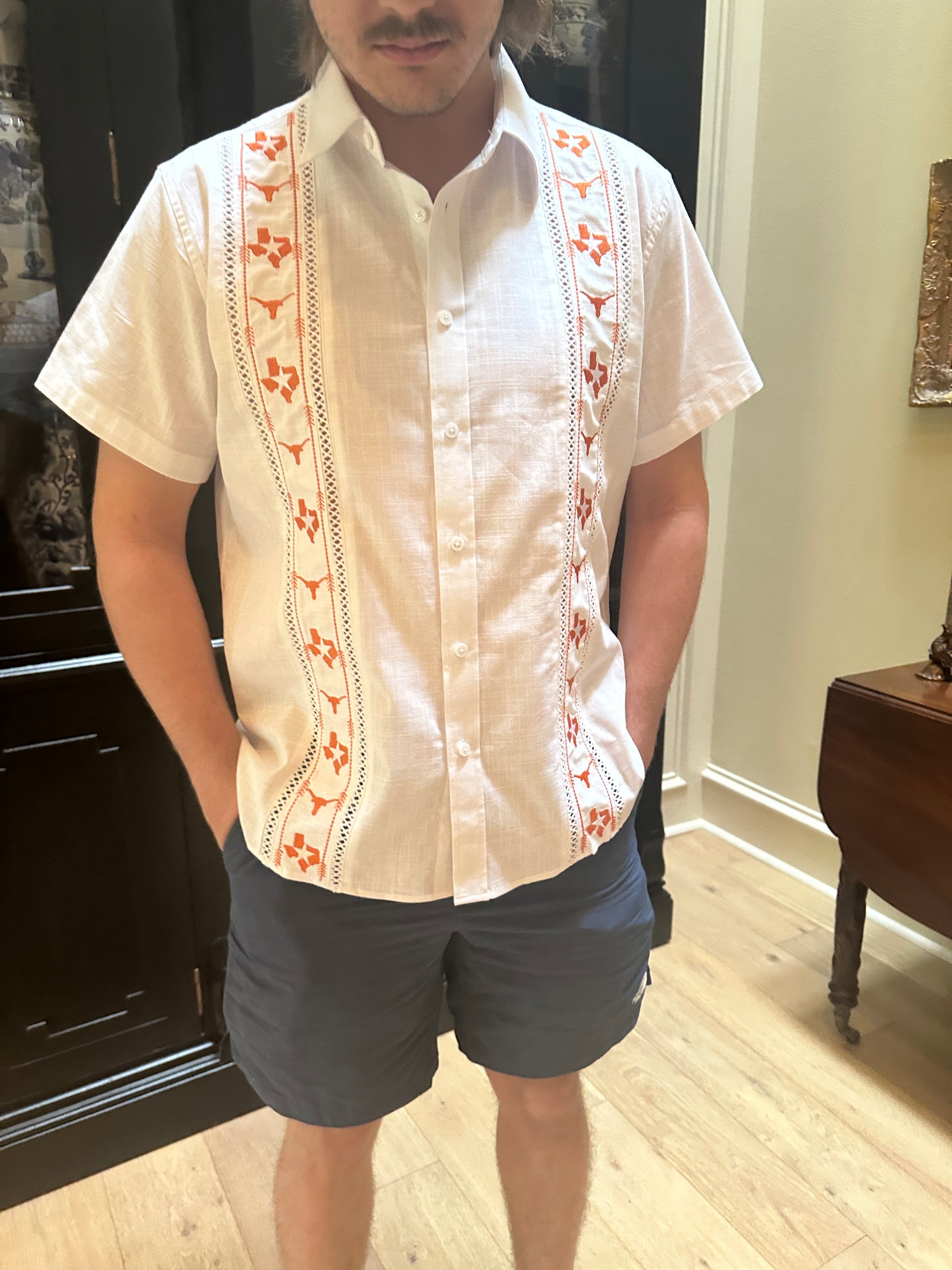 "Hook ‘Em Horns – University of Texas guayabera worn at football tailgate party"