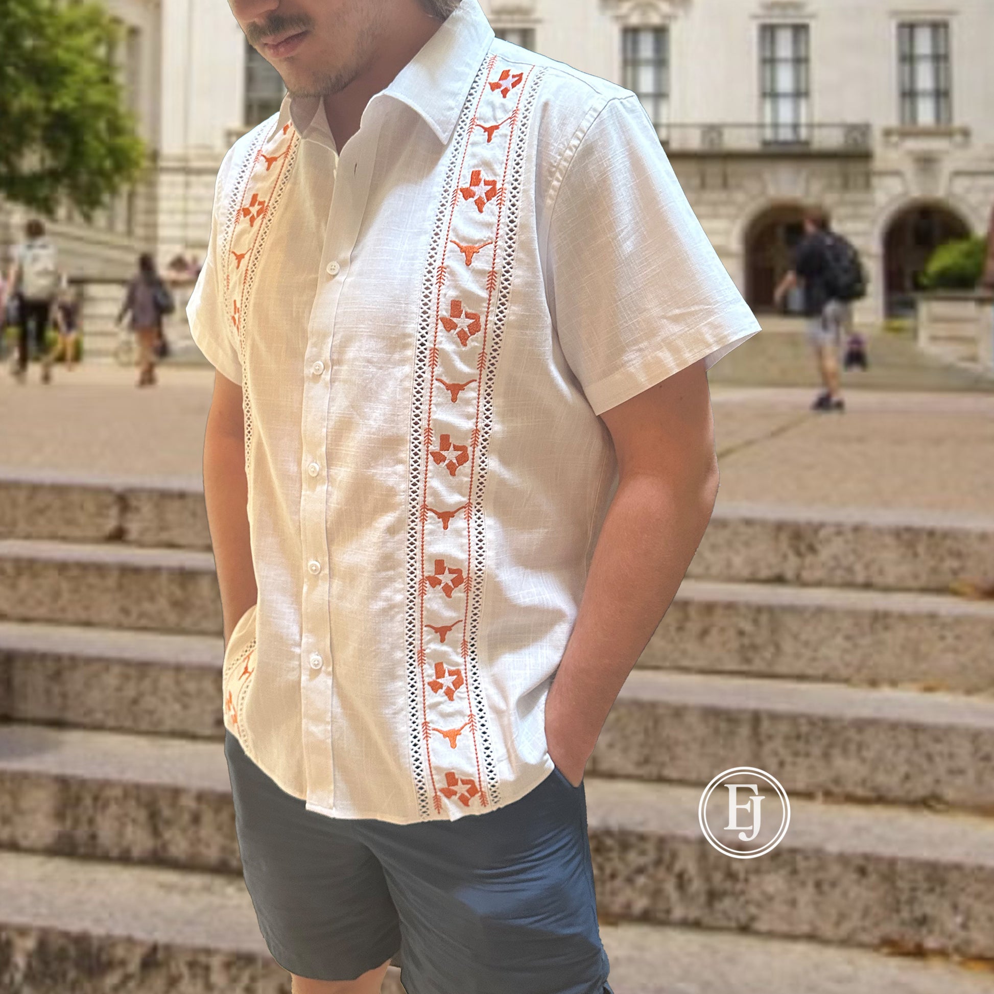 "Men’s UT Longhorns guayabera shirt styled for Texas football game day"