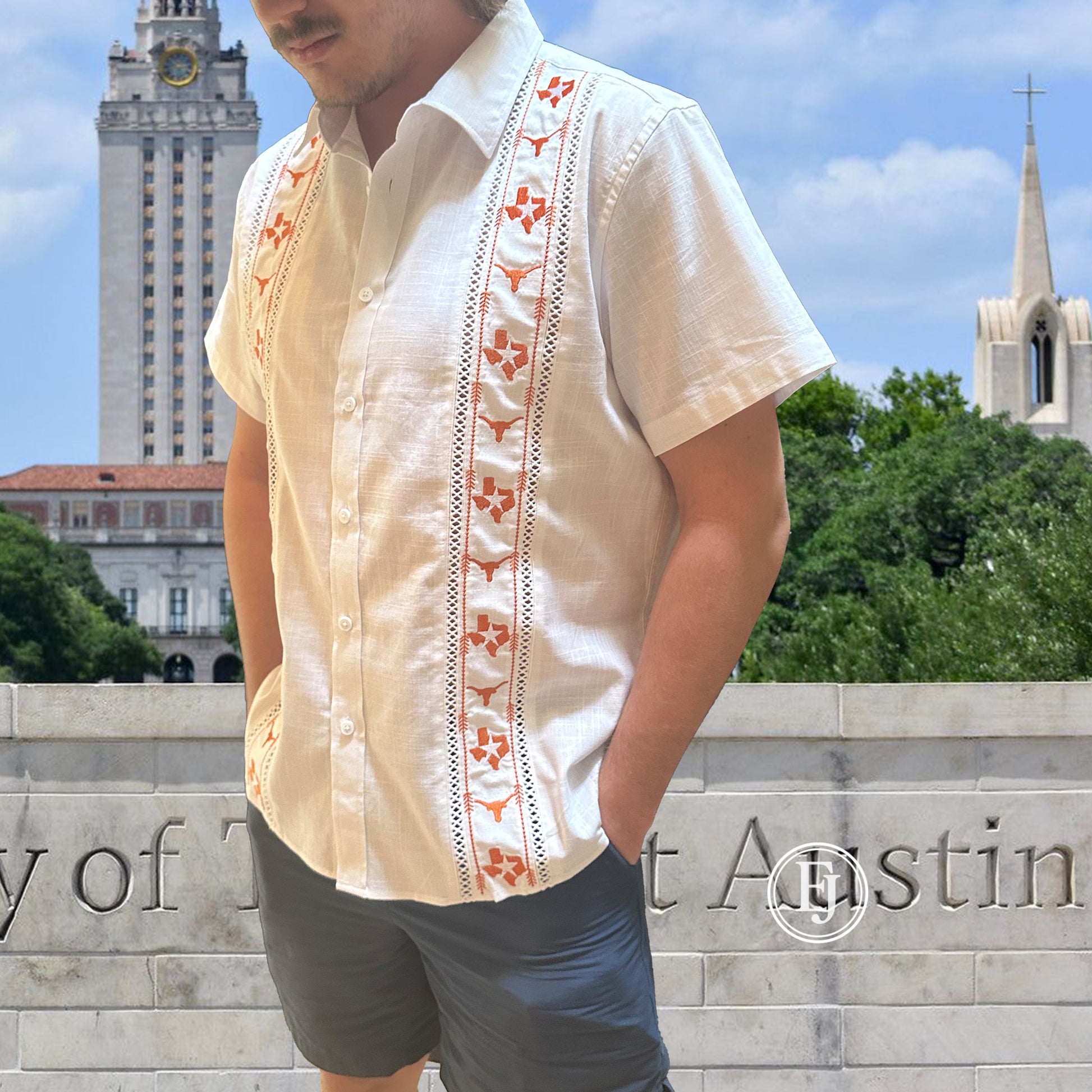 "Soft cotton-linen blend fabric of University of Texas guayabera shirt – breathable and lightweight"