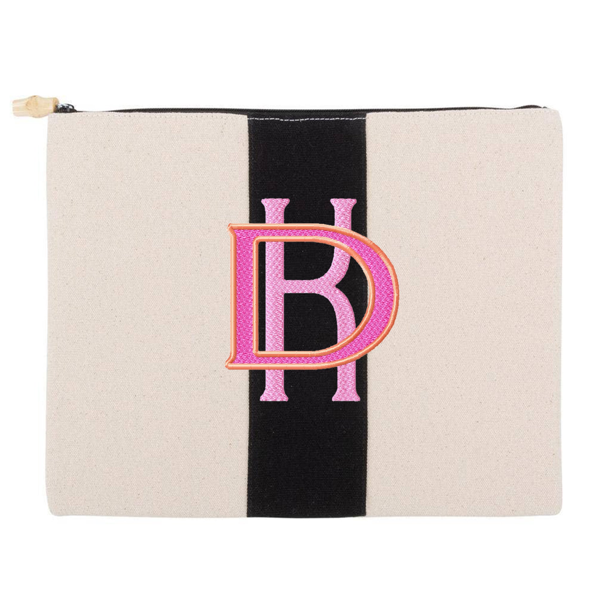 Black Finley canvas pouch with center stripe and bamboo zipper pull