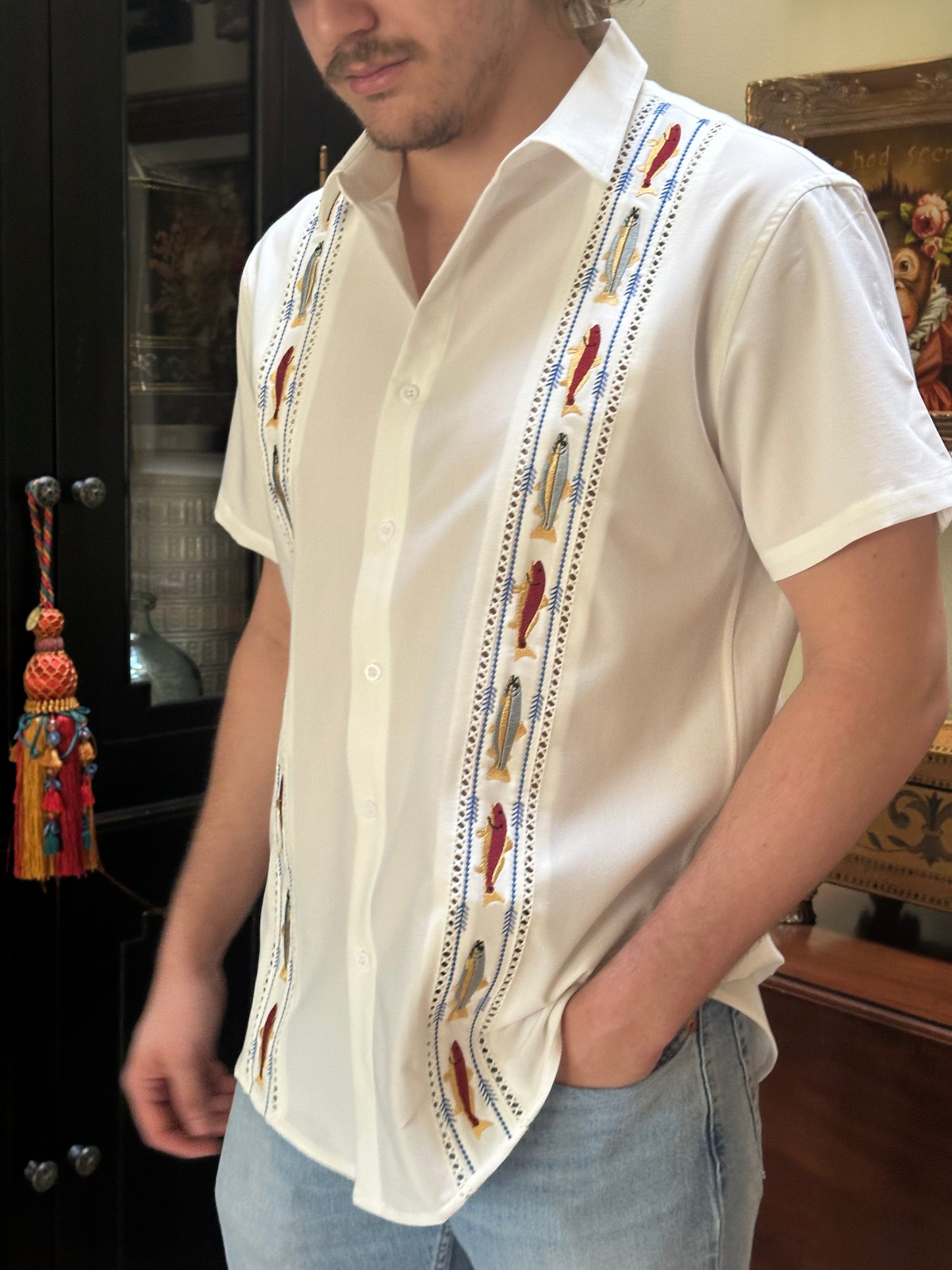 Gulf Coast Bay Guayabera – Redfish & Trout Edition| Classic White, Short Sleeve