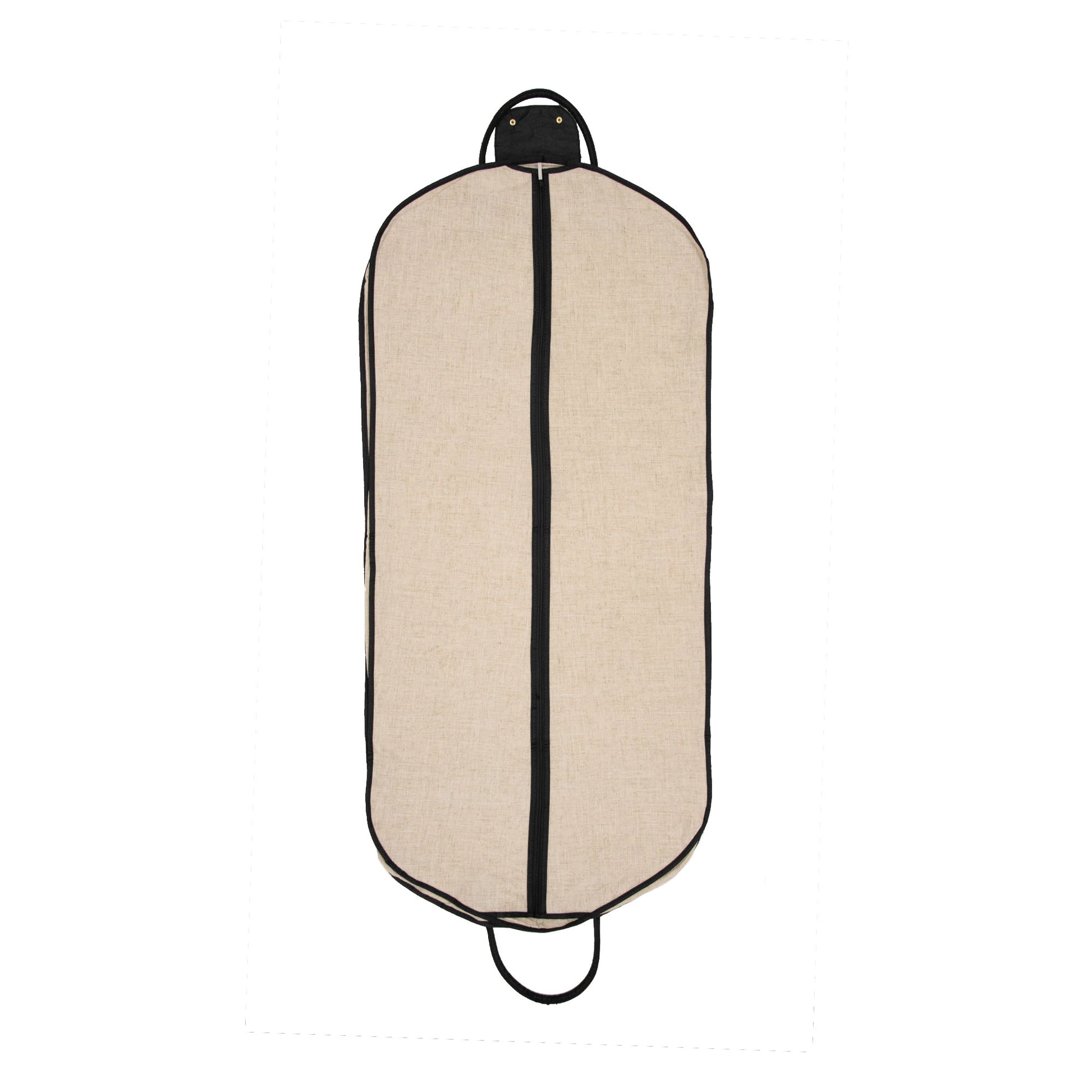 Zip closure view of monogrammable linen garment bag