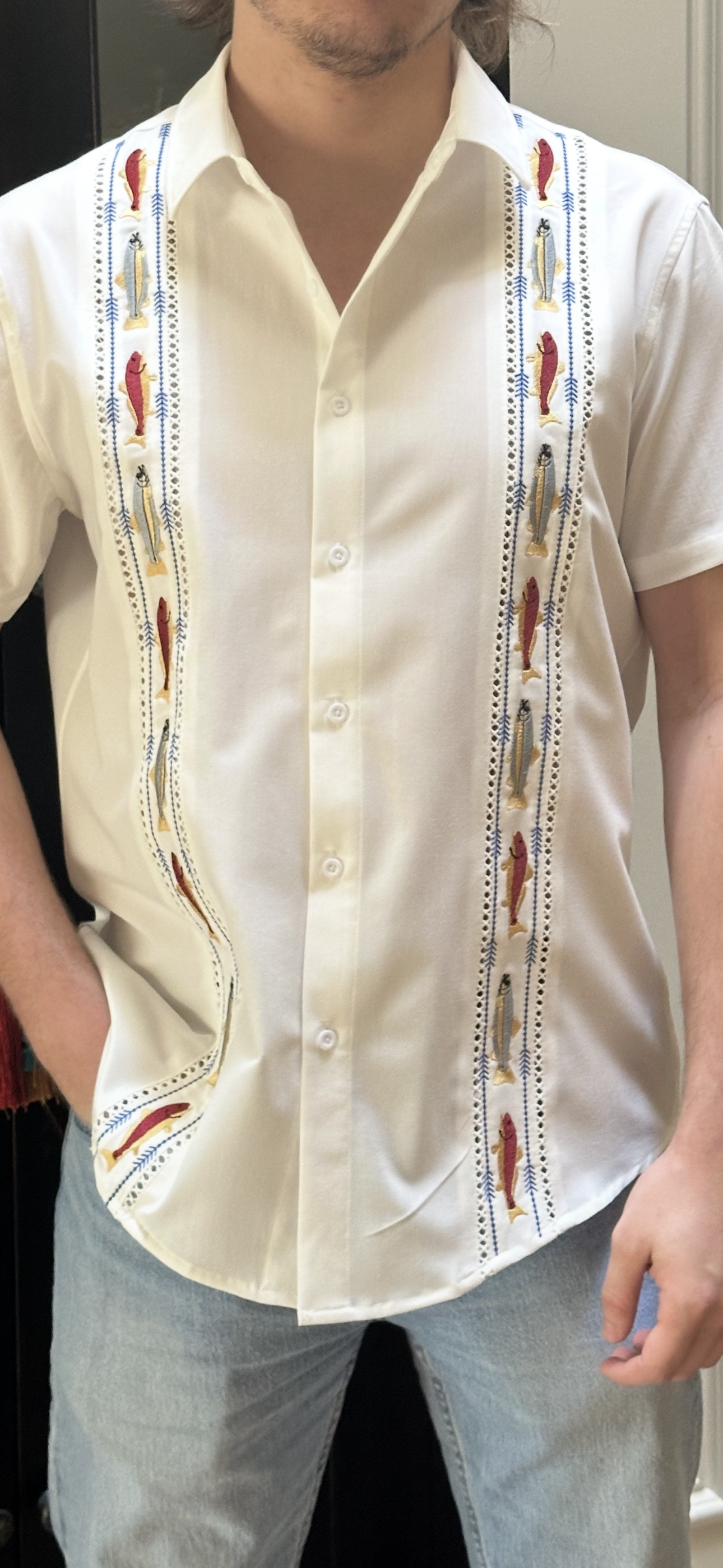 Gulf Coast Bay Guayabera – Redfish & Trout Edition| Classic White, Short Sleeve