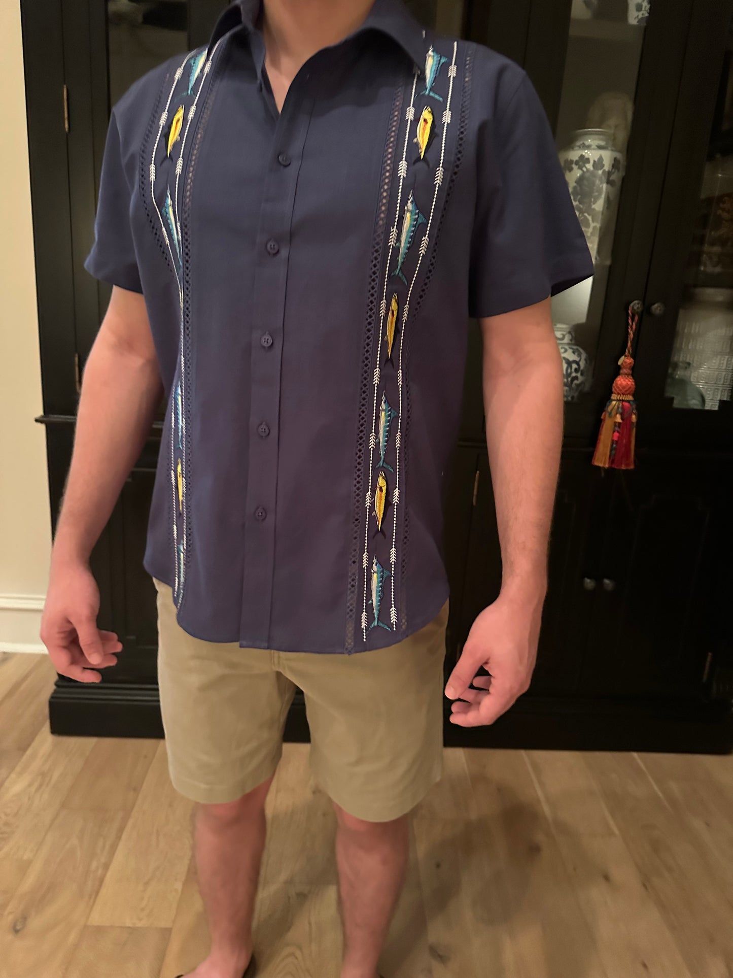 Gulf Coast Guayabera– Swordfish & Amberjack Edition | Men’s Short Sleeve Cotton-Linen Fishing Shirt – Navy