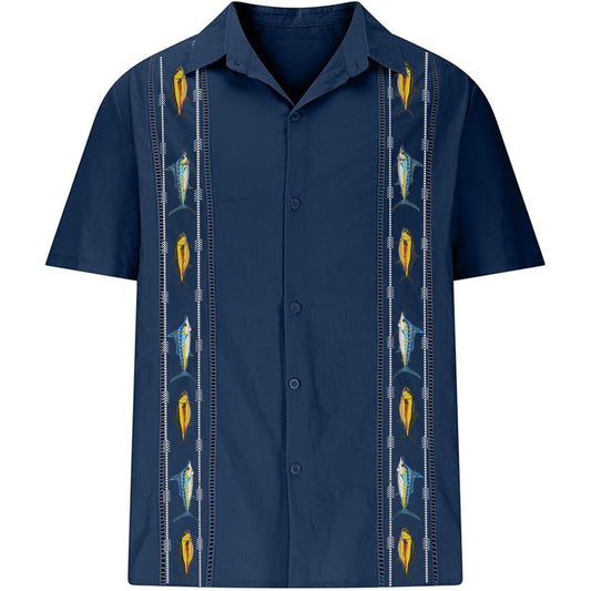 Gulf Coast guayabera shirt in navy with embroidered swordfish and amberjack – The James Collection