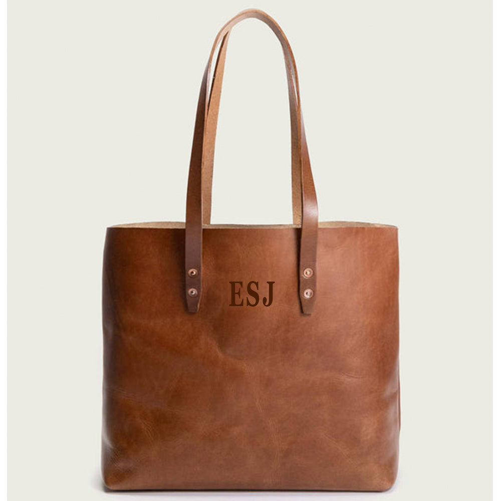 Tan full-grain leather tote bag front view – The Harper by Elizabeth James