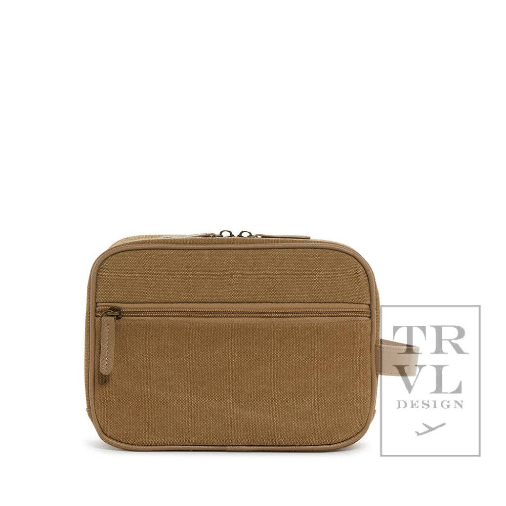 Zipper detail of coated canvas toiletry kit with leather pulls