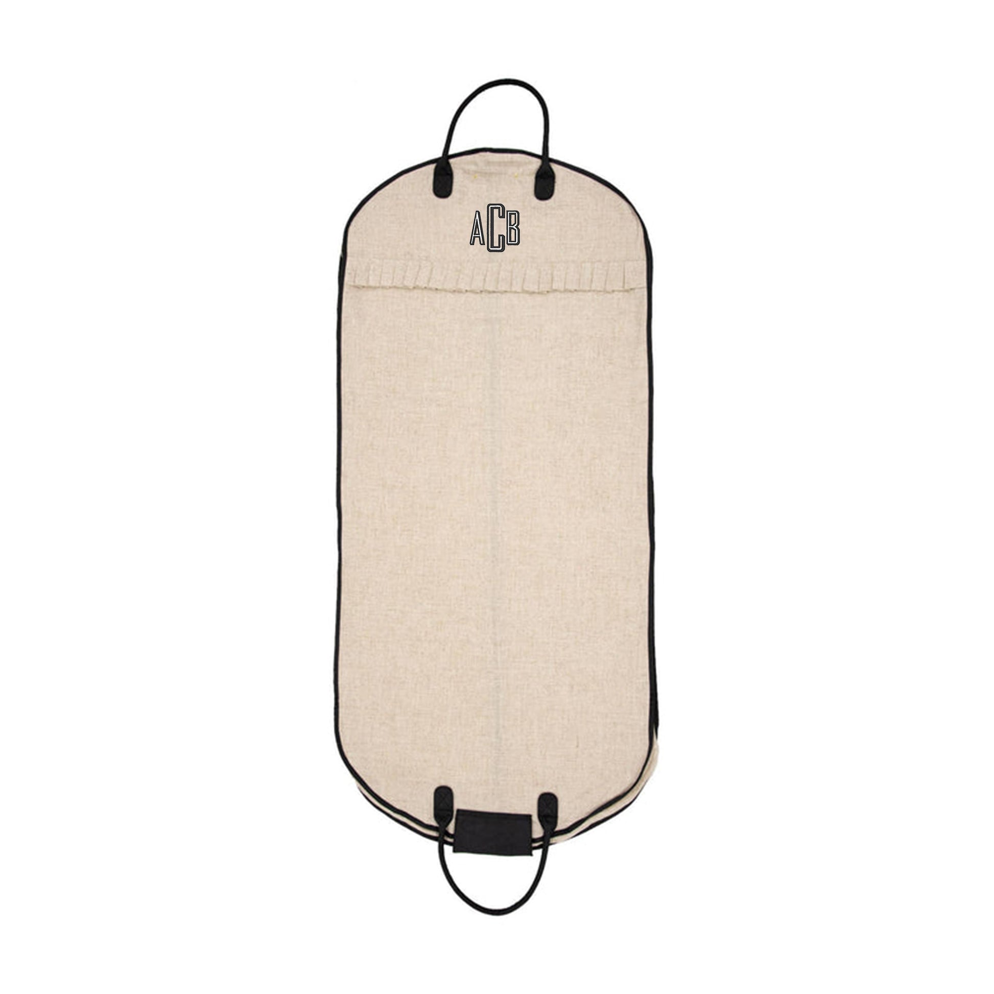Full-length linen garment bag with ruffle trim and moiré accents