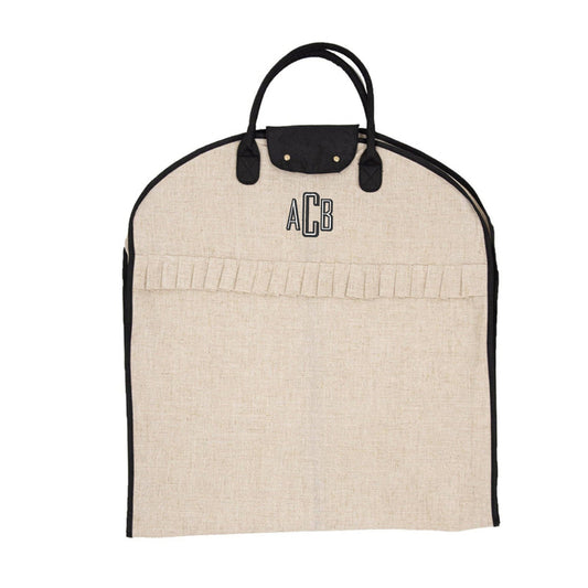 Folded linen garment bag with handles and snap flap closure black