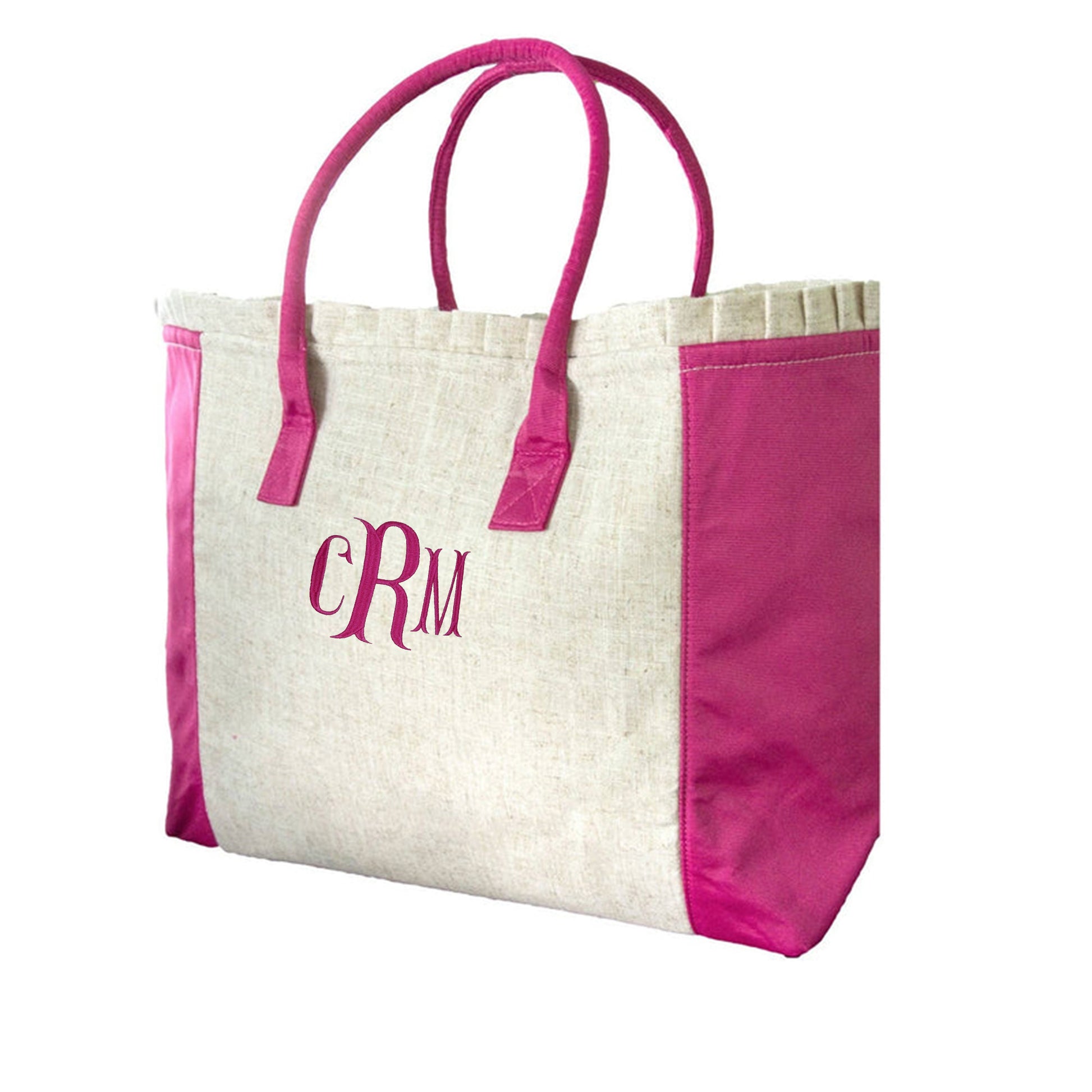 Pink linen weekender tote with moiré handles – front view