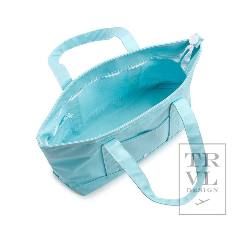 Inside view of large waterproof Lake Blue Maxi Tote with zipper closure