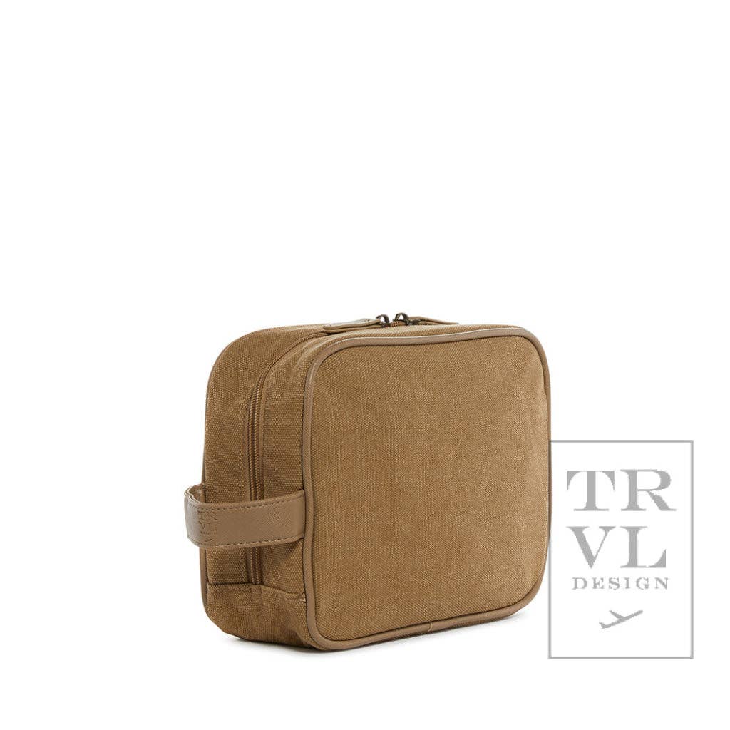Side view of vegan leather trimmed dopp kit in hay color