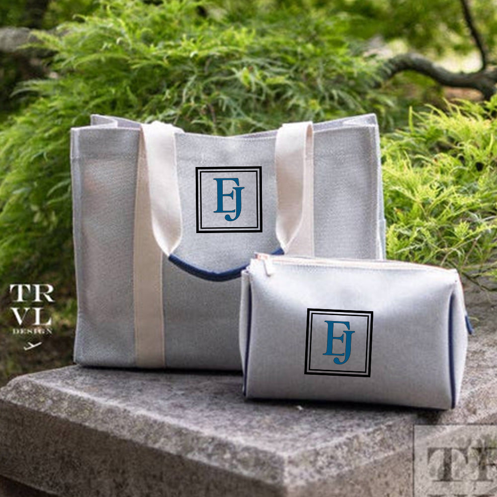 Personalized linen tote in Admiral Blue, styled for travel, gifting, or daily carry