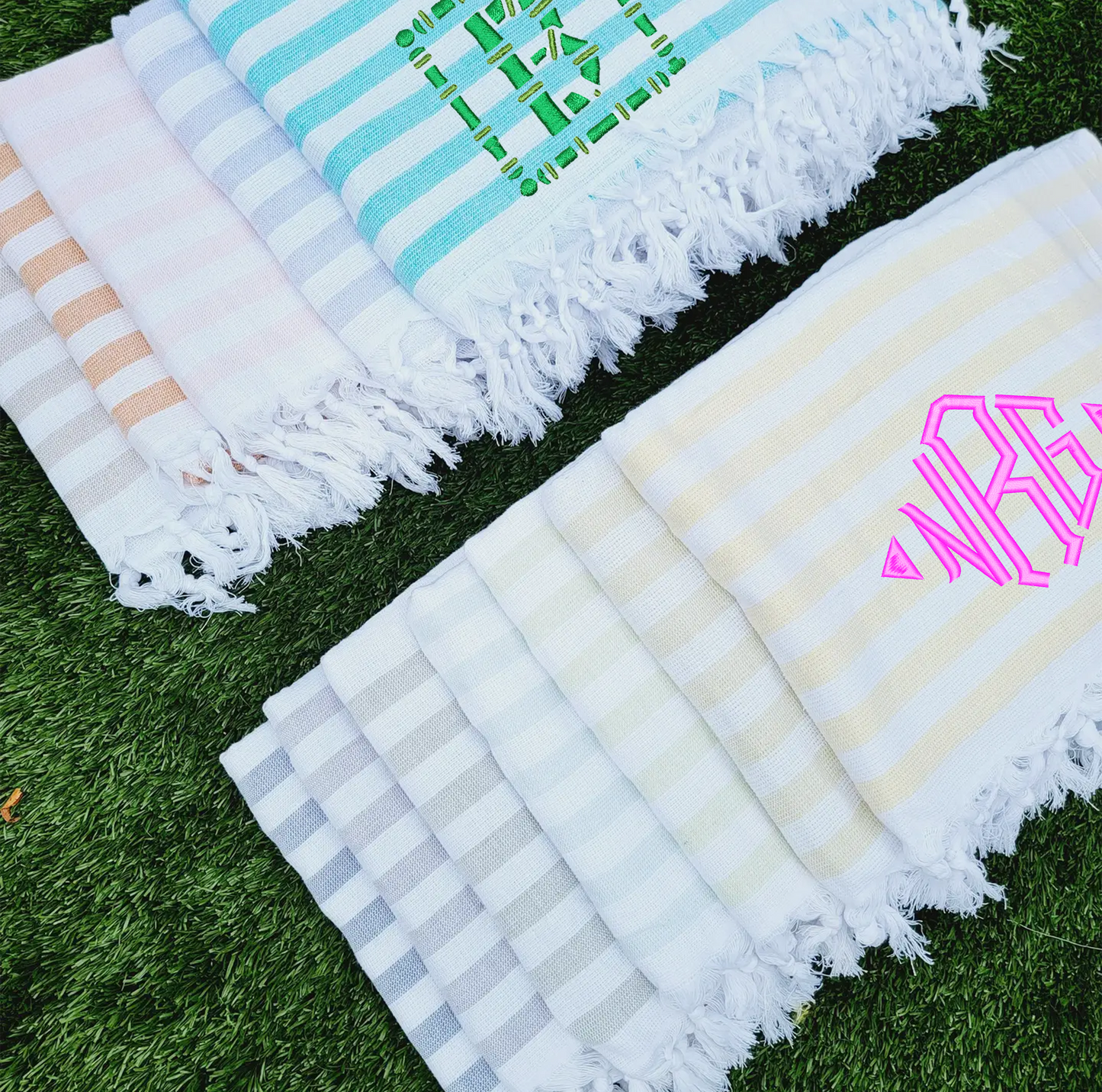 Assorted personalized Turkish cotton towels for weddings, spa, and gifts