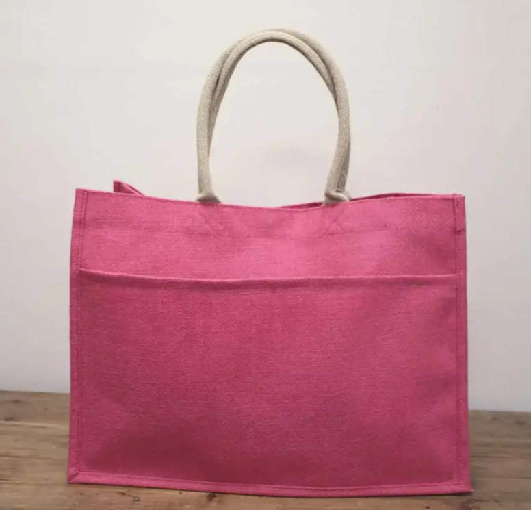 Hot pink jute tote bag with pocket, lightweight and monogrammable by Elizabeth James Co.