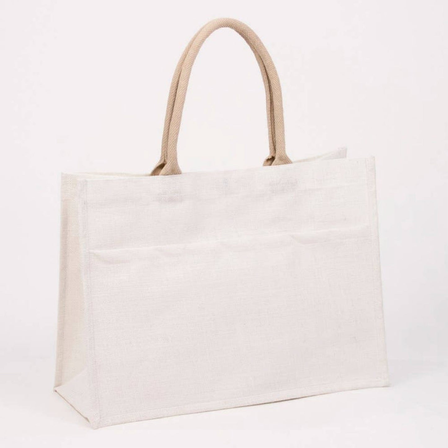 White eco-friendly jute pocket tote bag with waterproof lining, personalized by Elizabeth James Co.