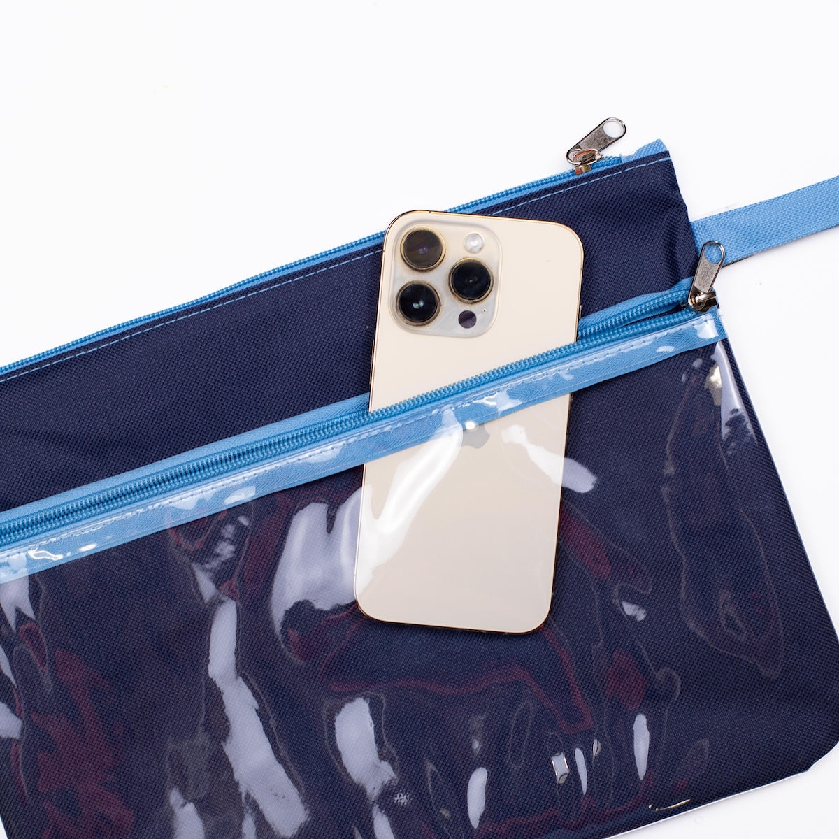 Open view of zippered waterproof swimsuit pouch