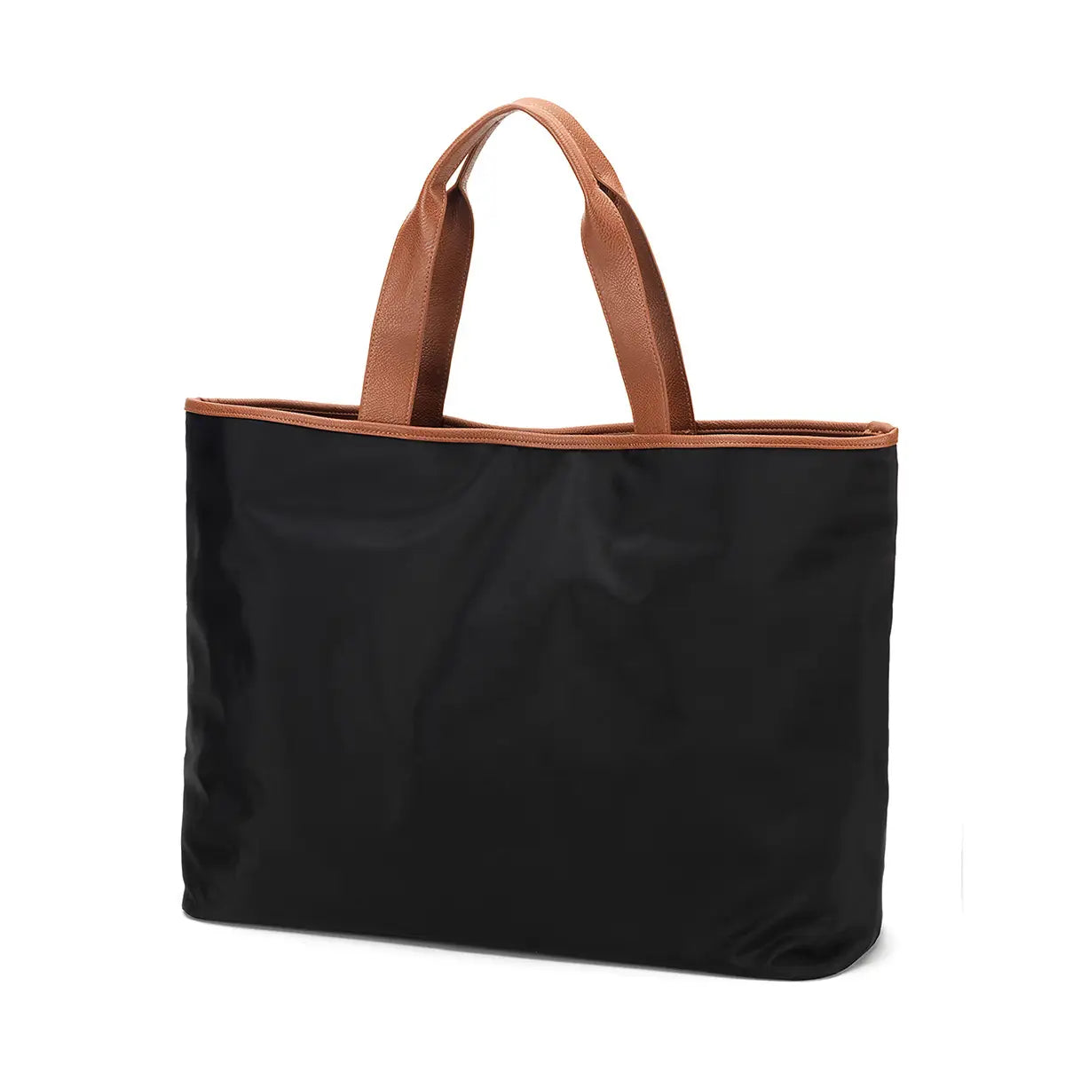 Ally Nylon Tote – Black with Camel Vegan Leather Trim | Stylish & Durable Everyday Bag