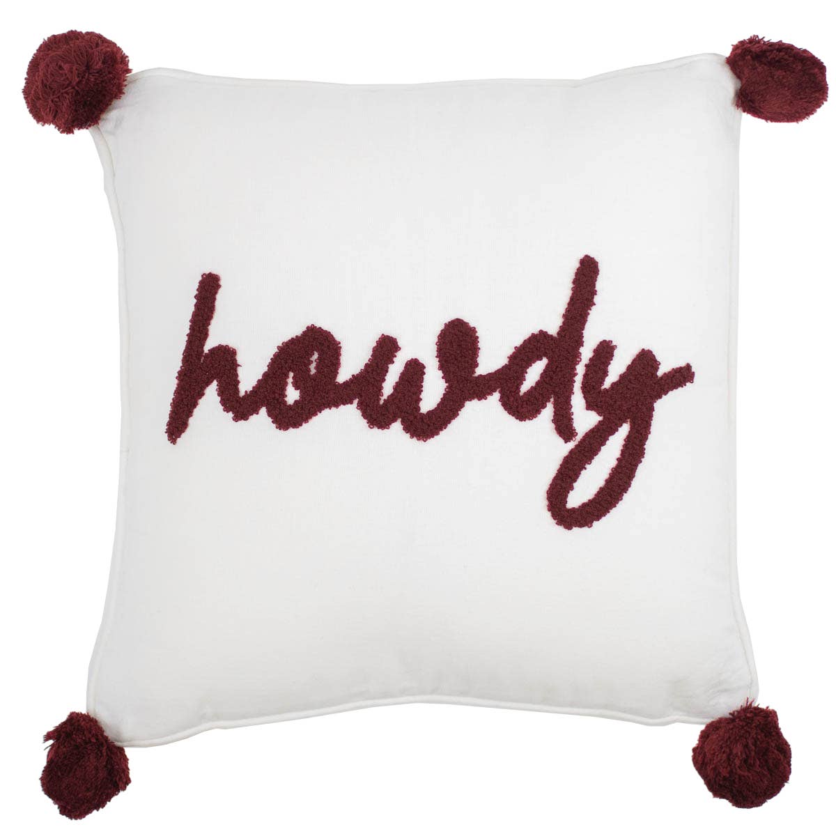 Howdy Pom Pom pillow with maroon lettering on white background