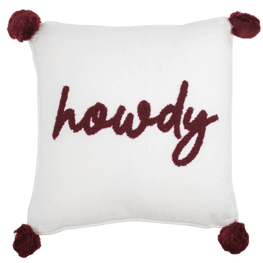 Howdy Pom Pom pillow with maroon lettering on white background