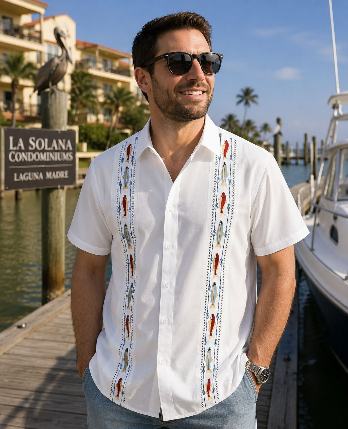 Gulf Coast Bay Guayabera – Redfish & Trout Edition| Classic White, Short Sleeve