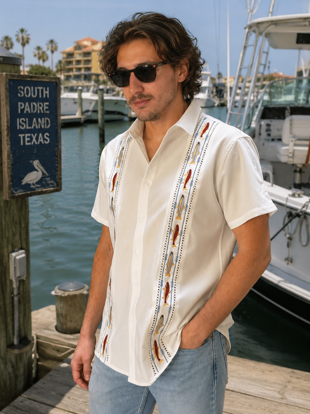 Gulf Coast Bay Guayabera – Redfish & Trout Edition| Classic White, Short Sleeve