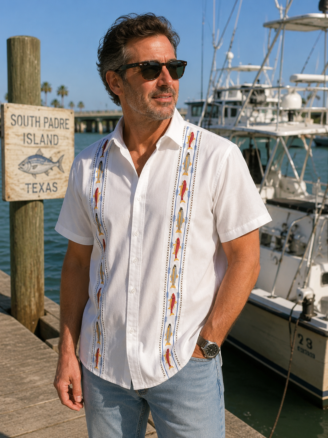Gulf Coast Bay Guayabera – Redfish & Trout Edition| Classic White, Short Sleeve