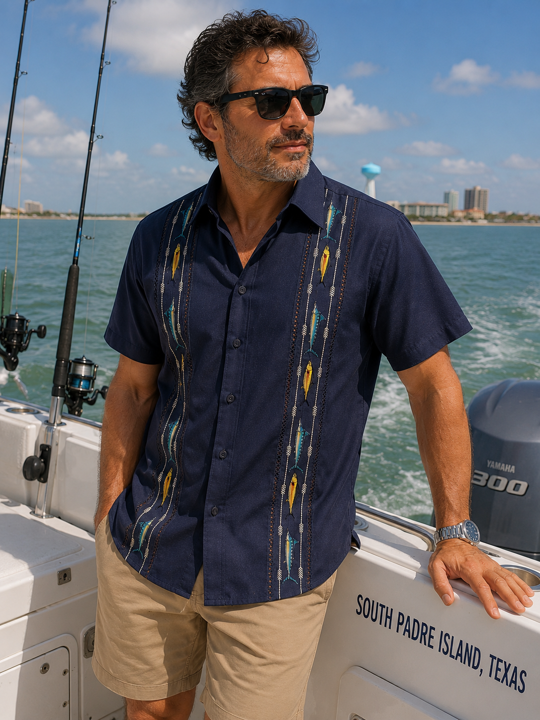 Gulf Coast Guayabera– Swordfish & Amberjack Edition | Men’s Short Sleeve Cotton-Linen Fishing Shirt – Navy