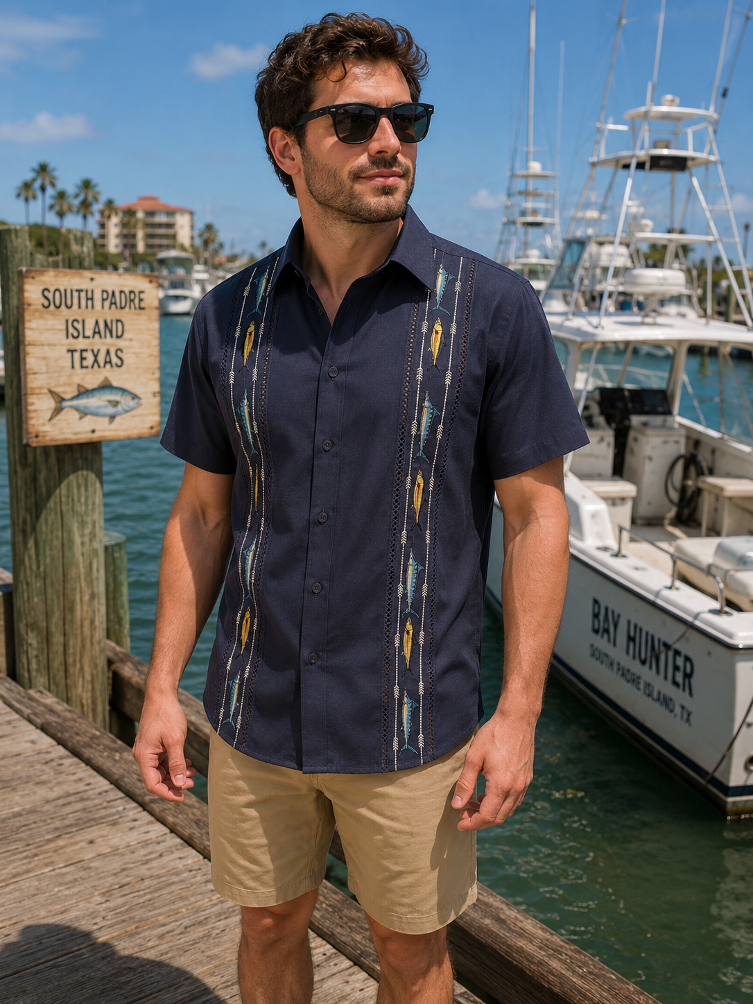 Gulf Coast Guayabera– Swordfish & Amberjack Edition | Men’s Short Sleeve Cotton-Linen Fishing Shirt – Navy