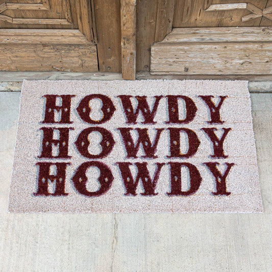Triple Howdy Coir Doormat – White & Maroon Western Welcome Mat | 30x18