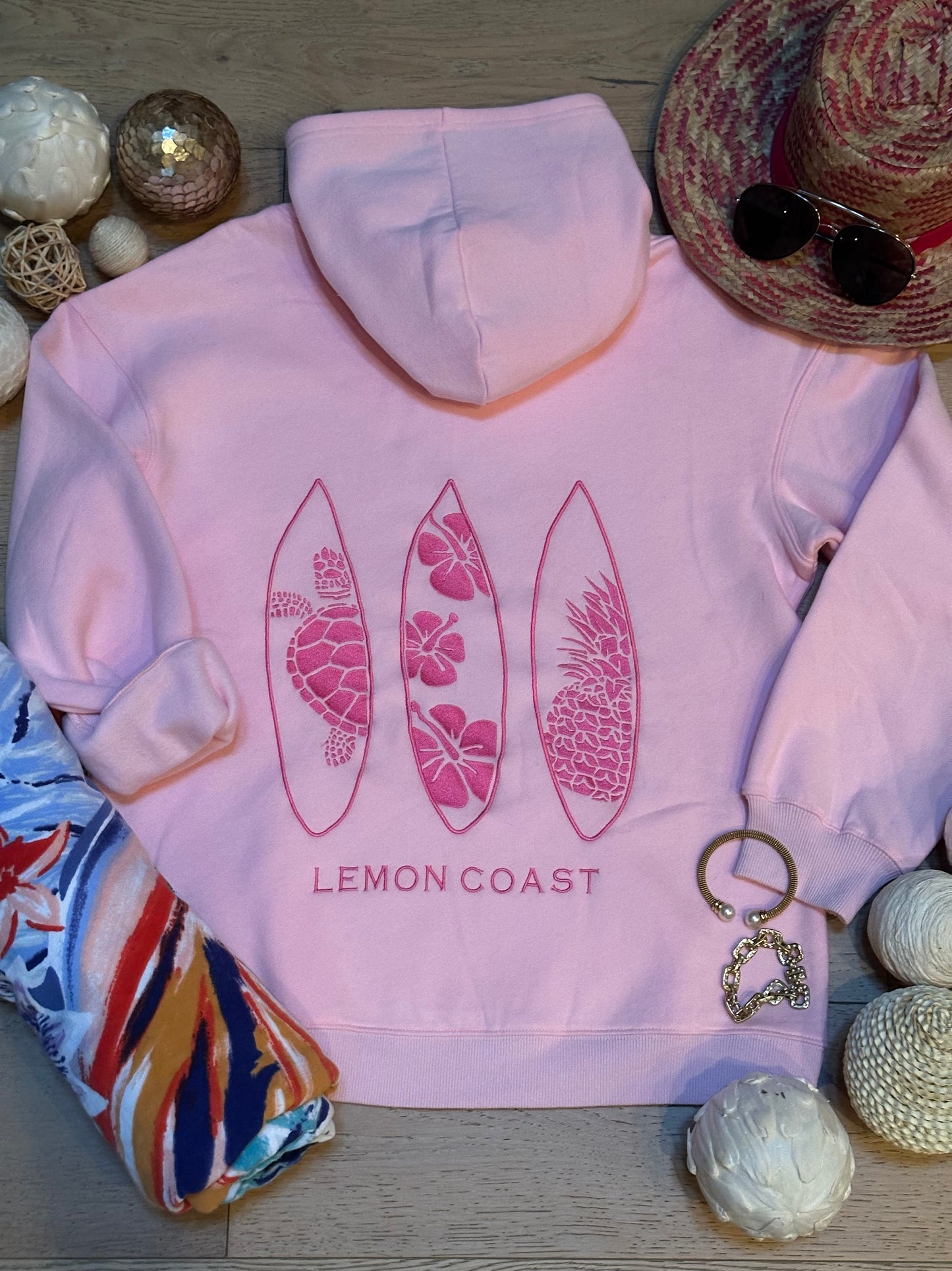 🌸 The Shoreline Blossom Hoodie – Lemon Coast™ Embroidered Surf Hoodie (Pink)