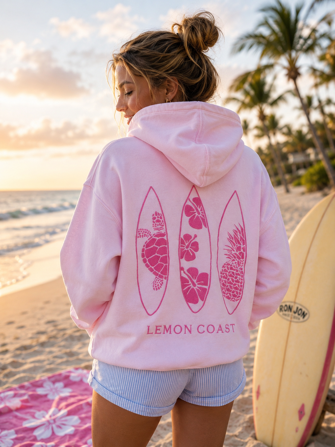 🌸 The Shoreline Blossom Hoodie – Lemon Coast™ Embroidered Surf Hoodie (Pink)