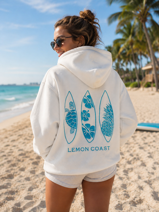 🥥 The Coastal Coconut Hoodie – Lemon Coast™ Embroidered Surf Hoodie (White + Turquoise)