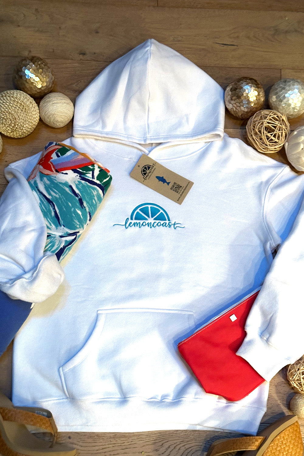 🥥 The Coastal Coconut Hoodie – Lemon Coast™ Embroidered Surf Hoodie (White + Turquoise)