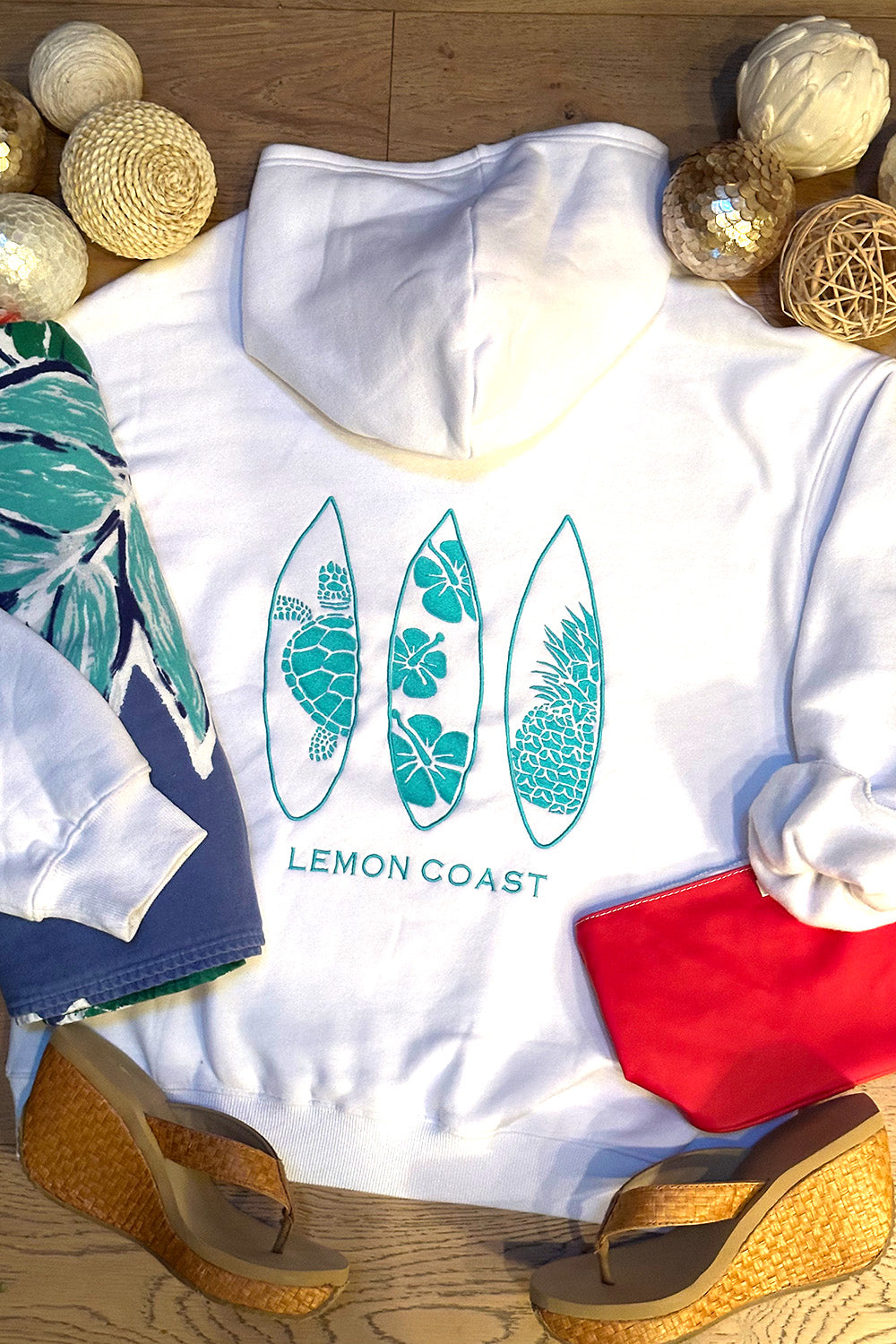 🥥 The Coastal Coconut Hoodie – Lemon Coast™ Embroidered Surf Hoodie (White + Turquoise)