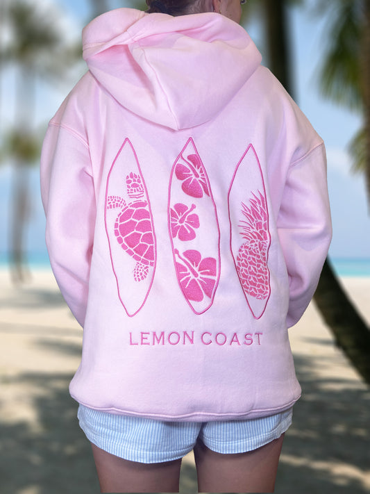 🌸 The Shoreline Blossom Hoodie – Lemon Coast™ Embroidered Surf Hoodie (Pink)