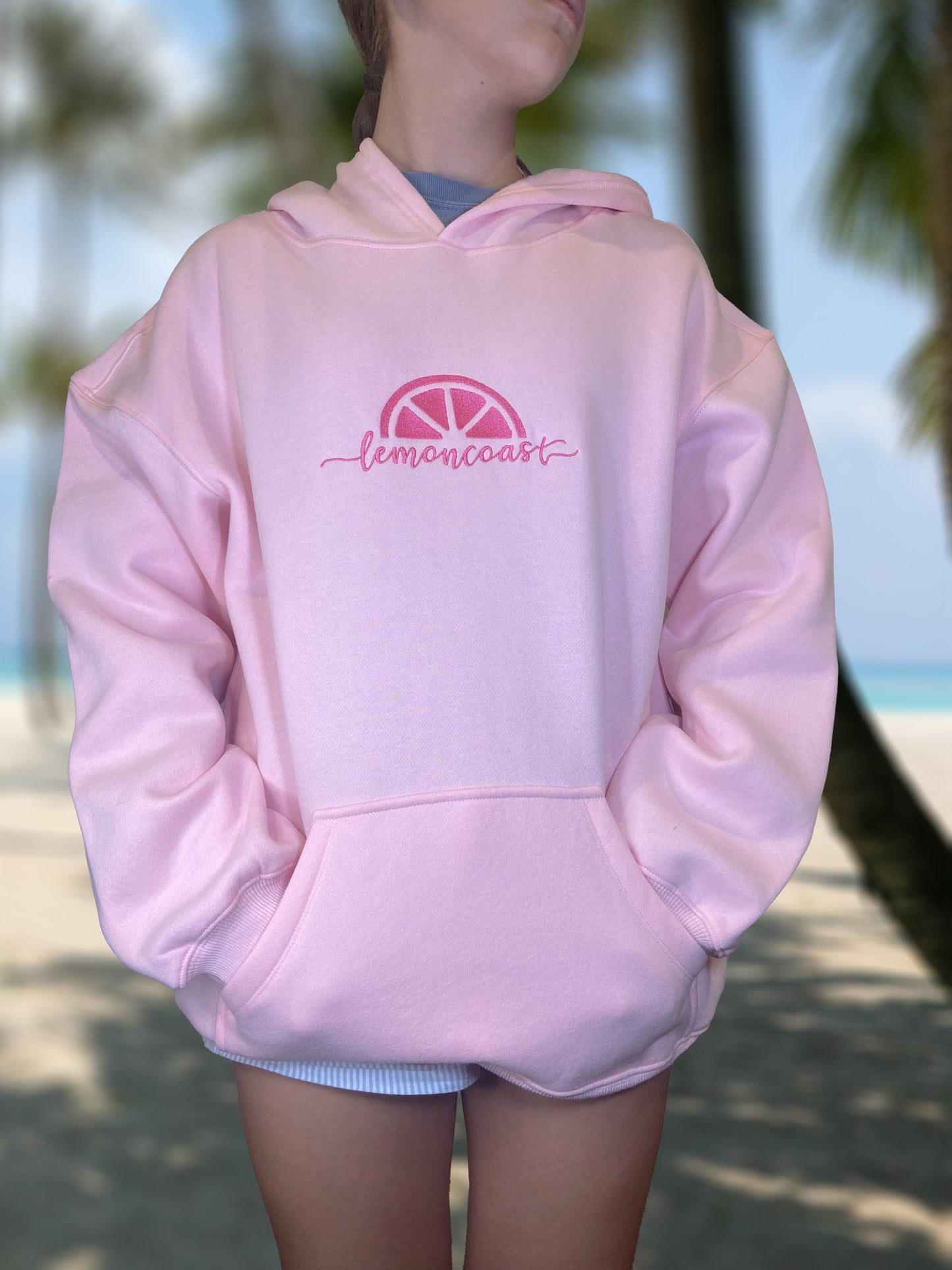 🌸 The Shoreline Blossom Hoodie – Lemon Coast™ Embroidered Surf Hoodie (Pink)