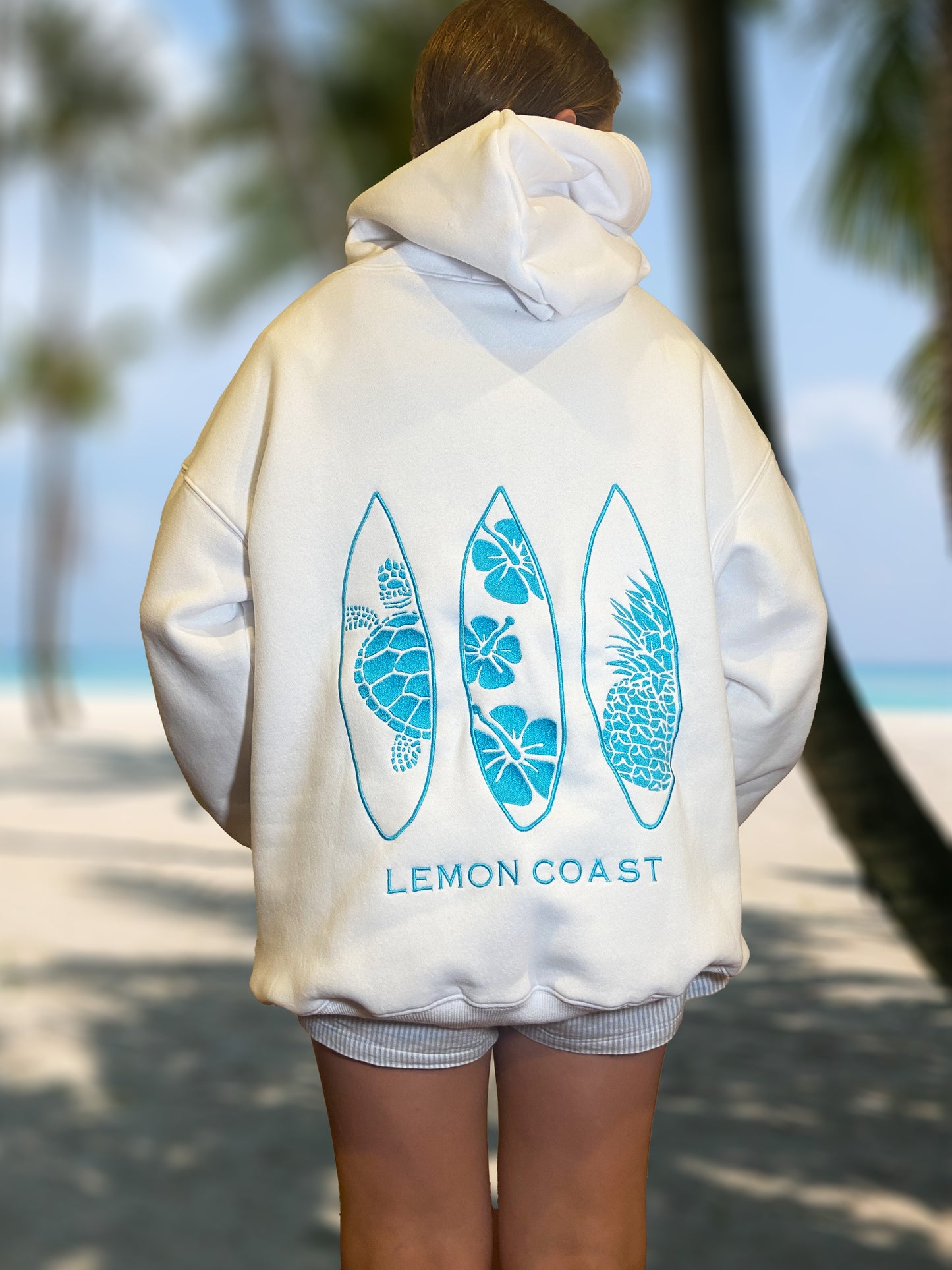🥥 The Coastal Coconut Hoodie – Lemon Coast™ Embroidered Surf Hoodie (White + Turquoise)