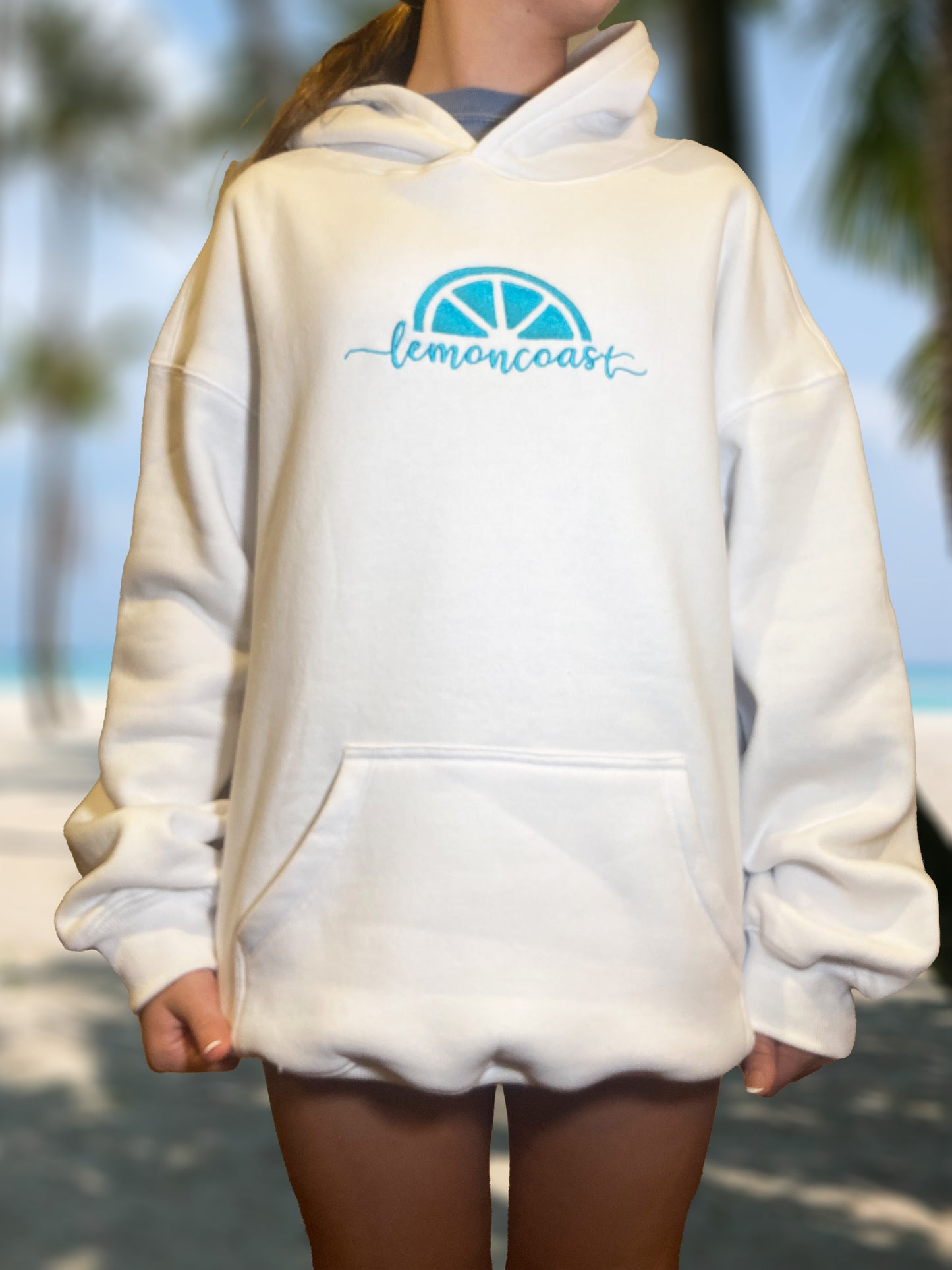 🥥 The Coastal Coconut Hoodie – Lemon Coast™ Embroidered Surf Hoodie (White + Turquoise)