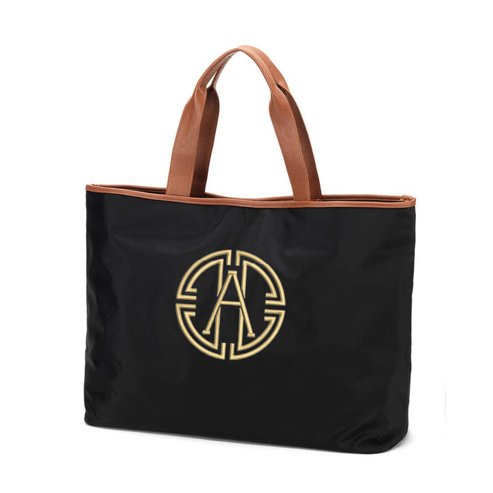 Ally Nylon Tote in black with camel vegan leather trim – front view