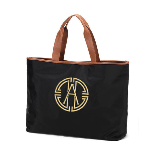 Ally Nylon Tote in black with camel vegan leather trim – front view