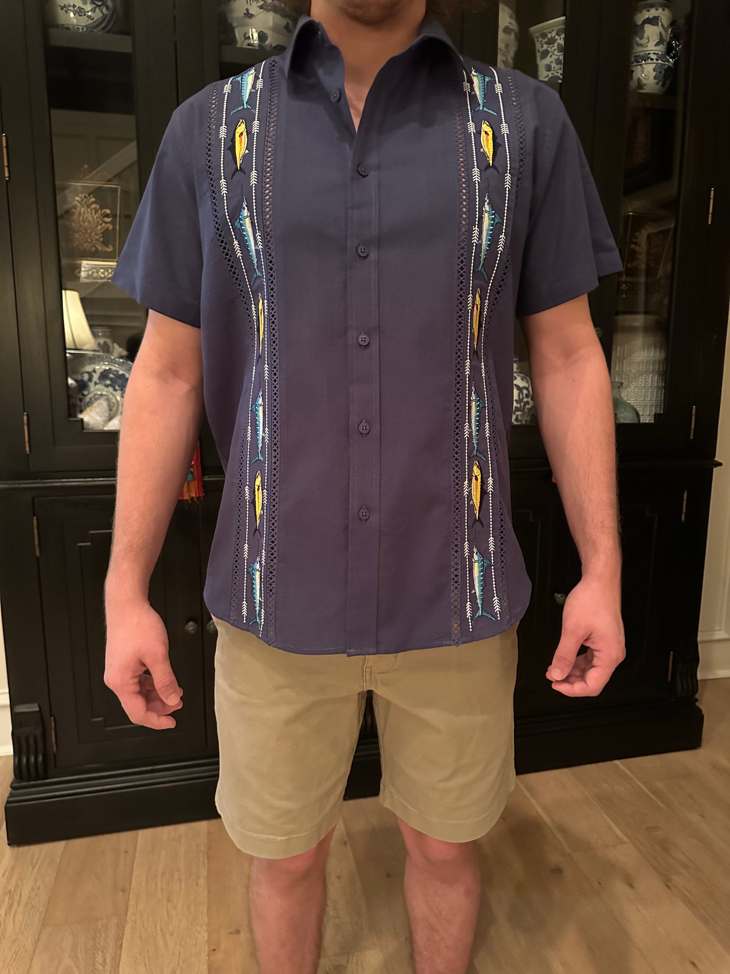 Gulf Coast Guayabera– Swordfish & Amberjack Edition | Men’s Short Sleeve Cotton-Linen Fishing Shirt – Navy