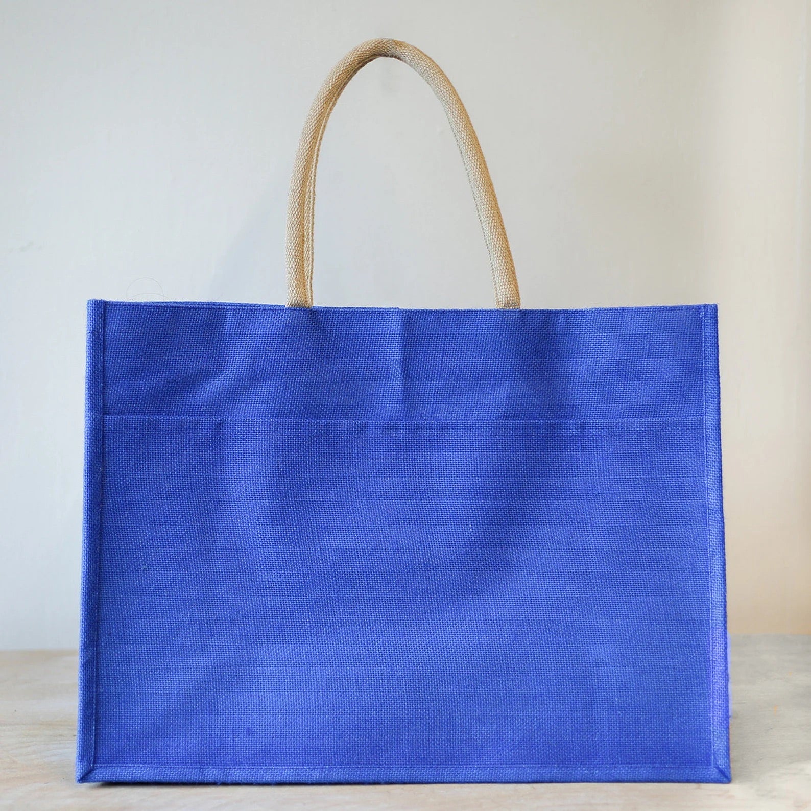Lapis blue jute tote with pocket, lightweight and water-resistant by Elizabeth James Co.