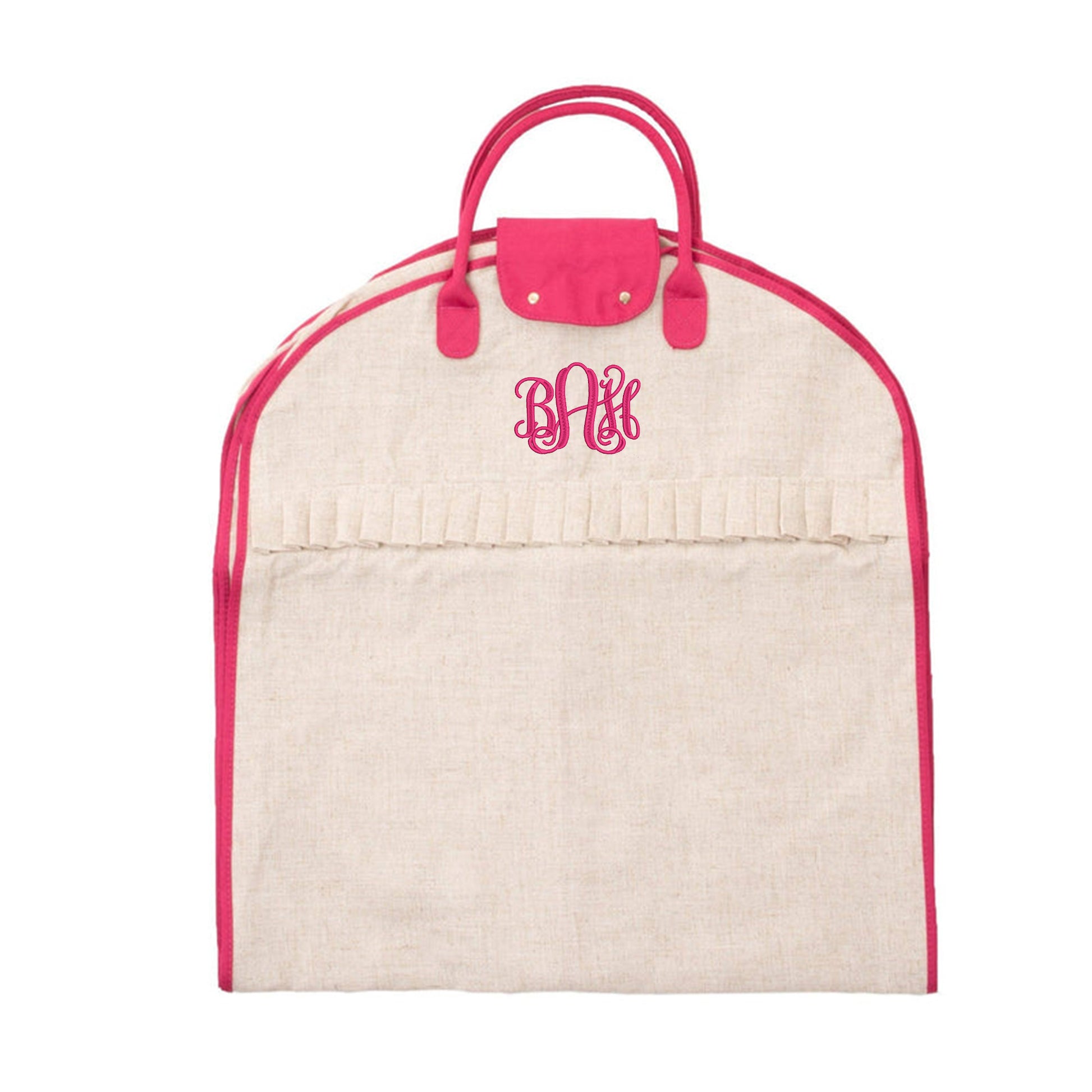 Folded linen garment bag with handles and snap flap closure pink