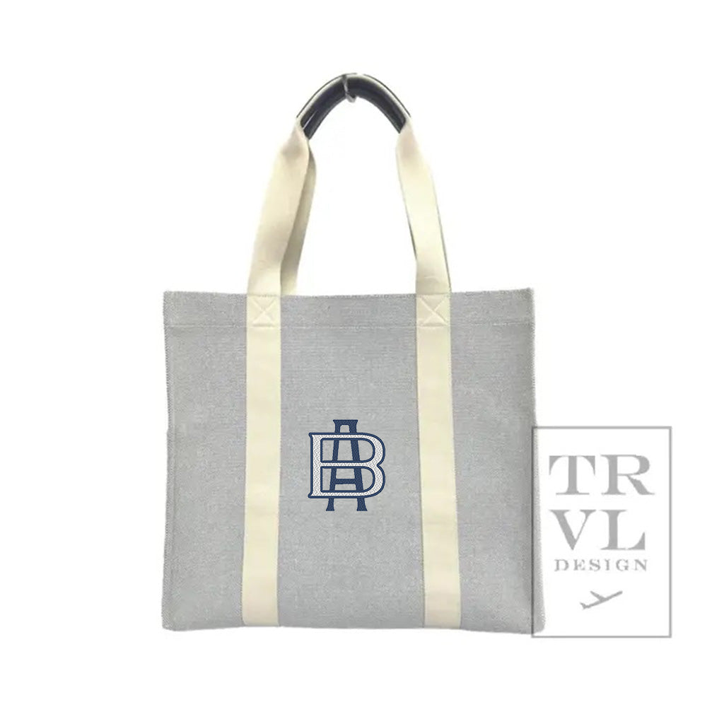 Luxe Linen XL Runaround Tote in Admiral Blue with cream handles, personalized by Elizabeth James