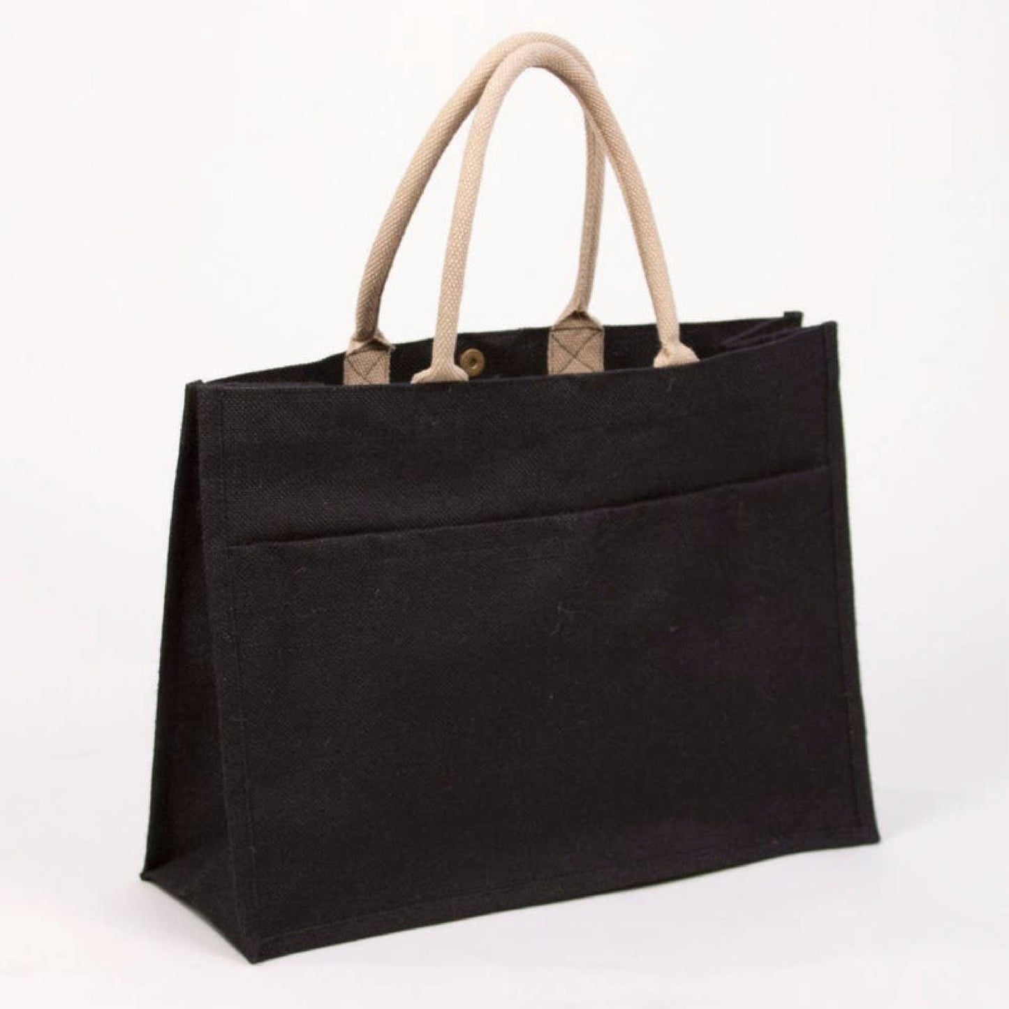 Black jute pocket tote, customizable eco-friendly gift by Elizabeth James Co.